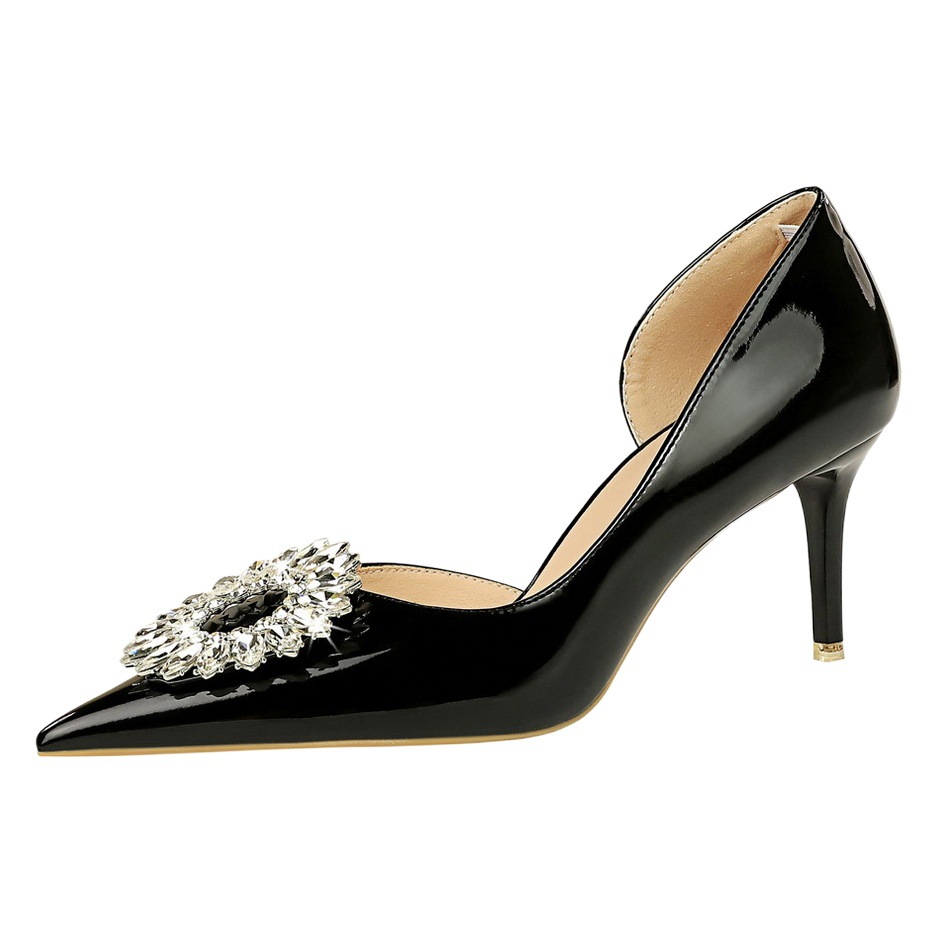 638-AK29 European and American Style Banquet Women's Shoes High Heel Thin Heel Shallow Mouth Pointed Patent Leather Side Hollow Raffy Buckle Single Shoes for Women