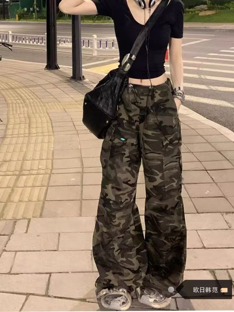 Wasteland Style American Style Vintage Camouflage Crowd Pants for Men and Women Summer Fried Street Sweet Cool Spice Girls Loose Casual Wide Leg Pants Trendy