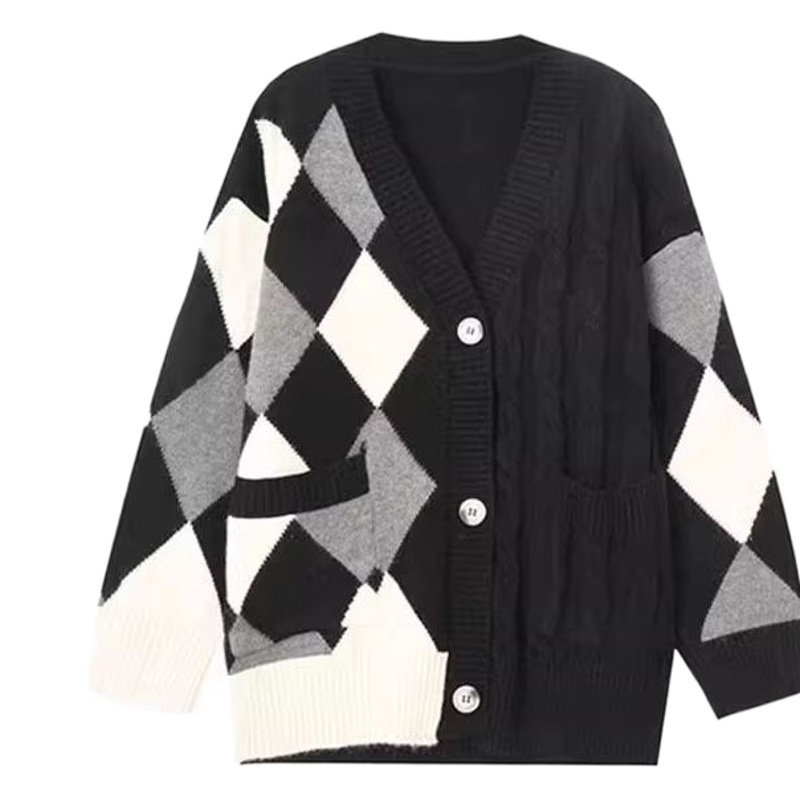 Spring and Autumn new knitwear women's cardigan sweater mid-length loose lazy style color matching rhombus casual top coat