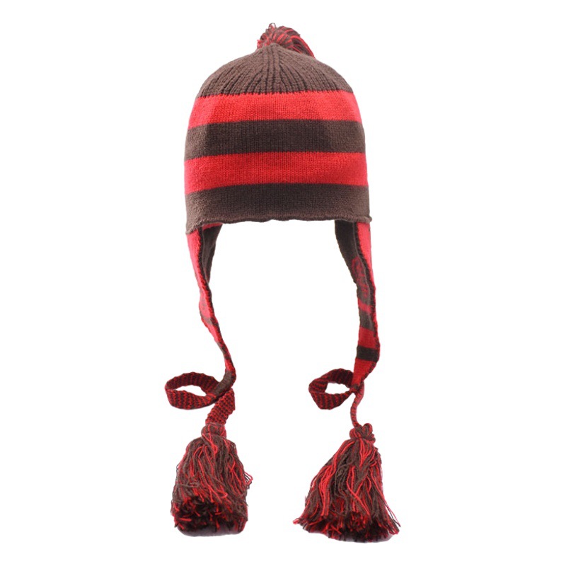 Autumn and Winter Warm Niche Fringe Striped Children's Wool Hat Knitted Hat Cute Ear Protection Hat Acrylic Wool Cartoon Elements