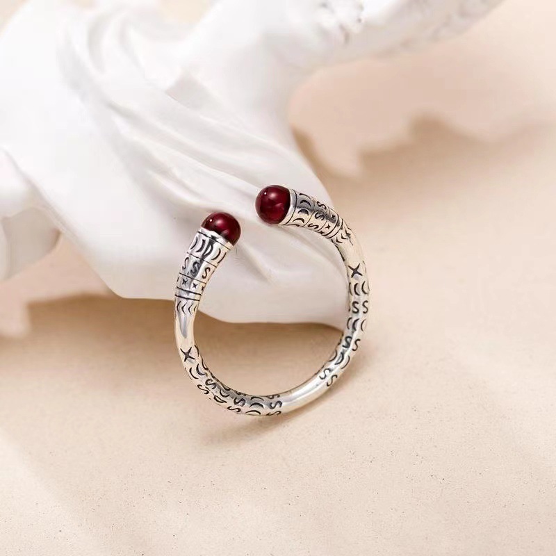 Picture of Retro style fashion match Ring red agate vintage distressed Thai silver unisex ring adjustable ring