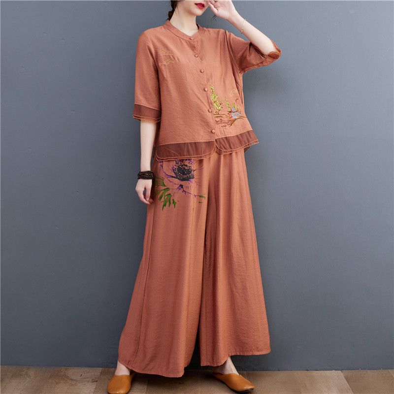 Picture of Middle-aged and elderly women's summer two-piece embroidered cotton and linen short-sleeved top western-style mother's fashionable wide-leg pants set