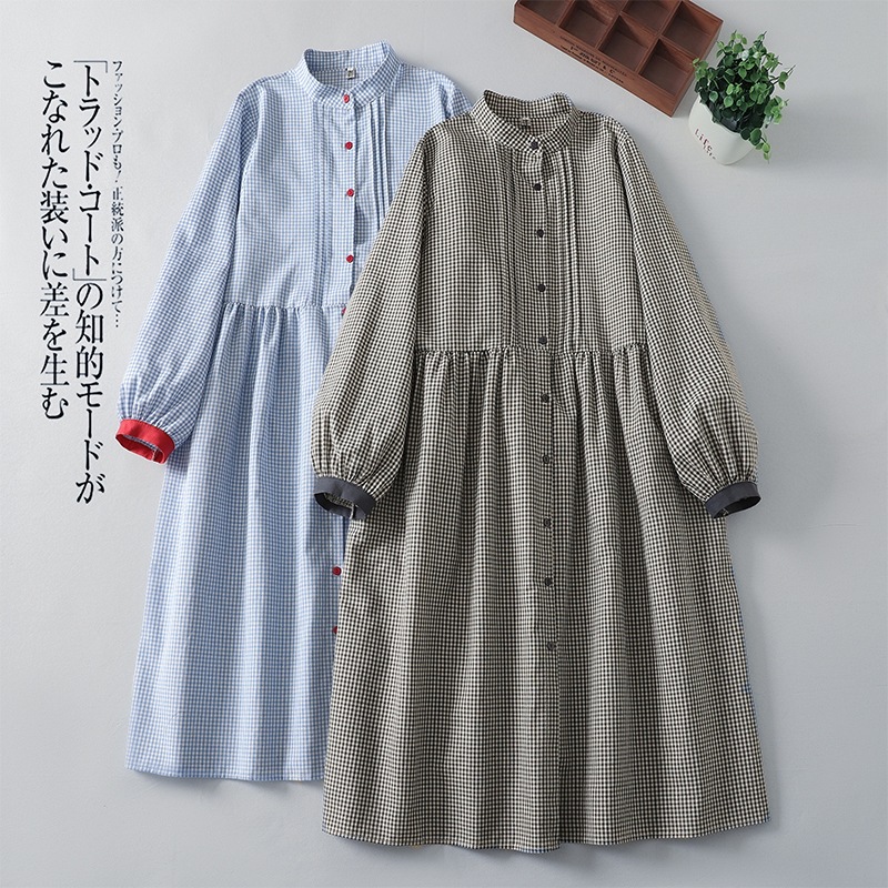 Real shot 2025 spring new Japanese literary plaid long sleeve shirt dress loose slimming cotton and linen dress women