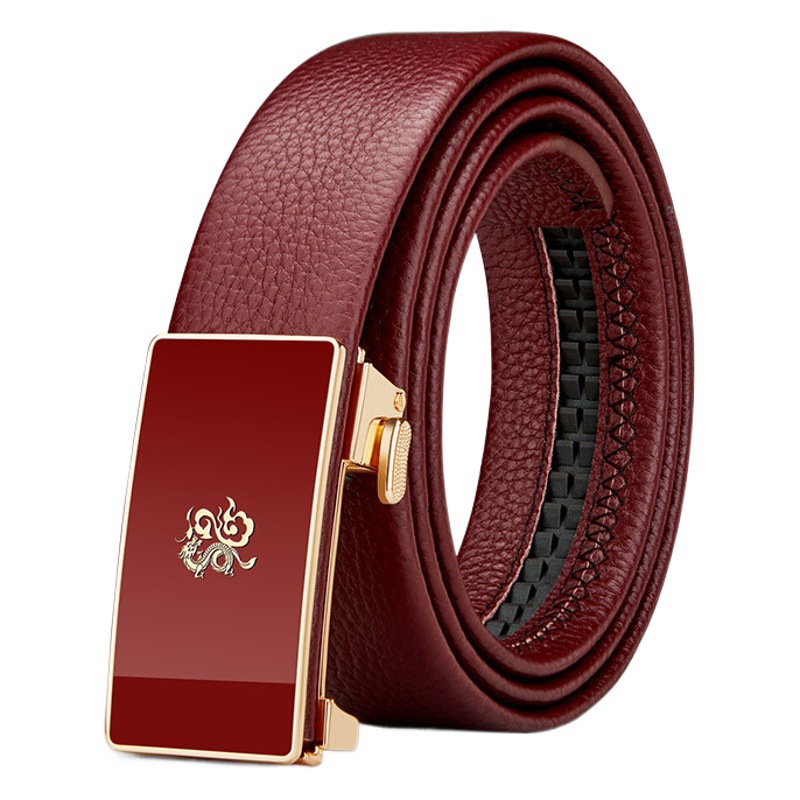King Paul Men's Belt Genuine Leather Belt This Year Belt Wedding Belt Automatic Buckle Red Belt Retail