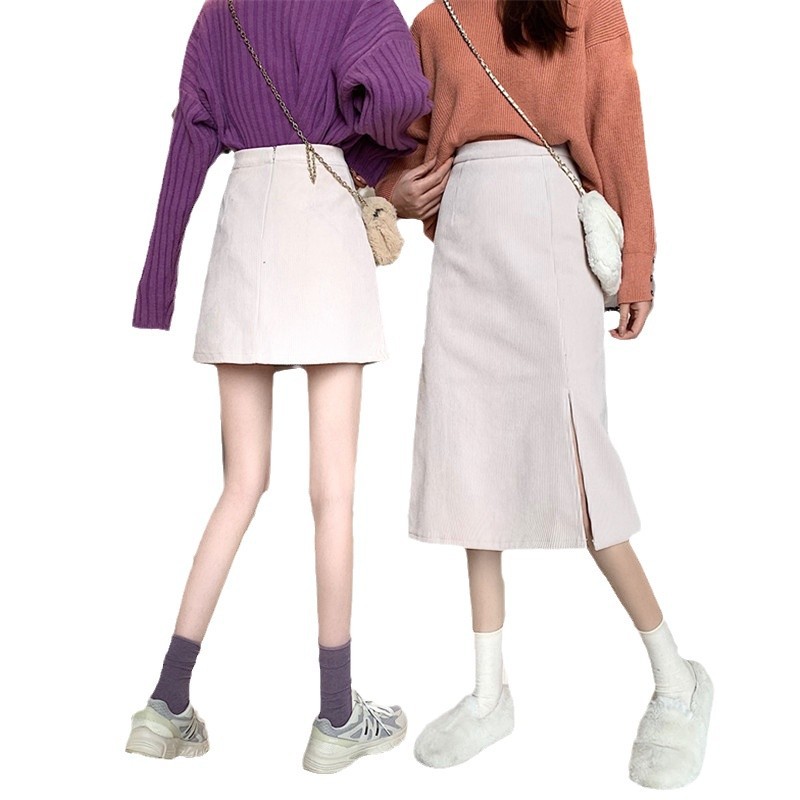 Picture of Autumn and Winter Split A- shaped Skirt 2021 New Style Western Style High Waist Slimming Corduroy Solid Color All-match Hip Skirt