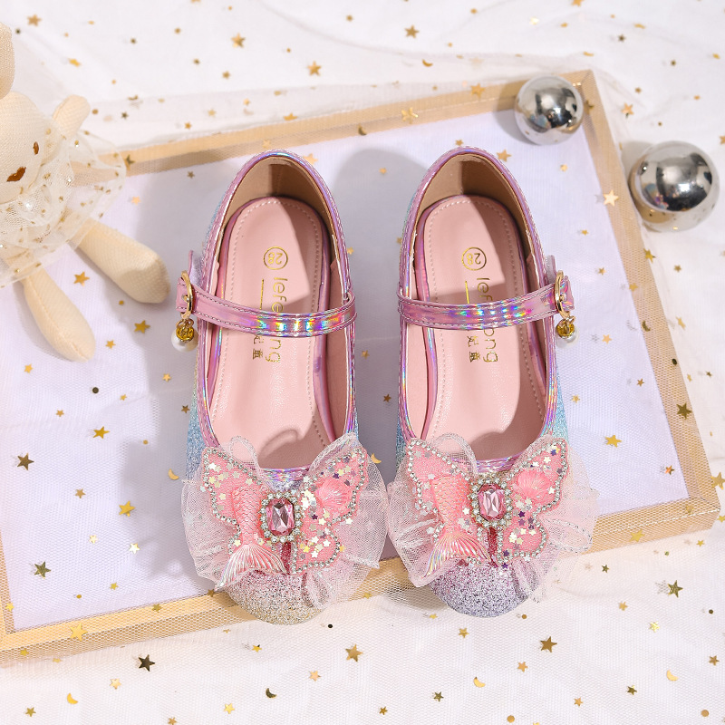 Girls High Heels 2025 Spring and Summer Girls Crystal Shoes Rainbow Crystal Leather Shoes Princess Elsa Shoes Show Shoes