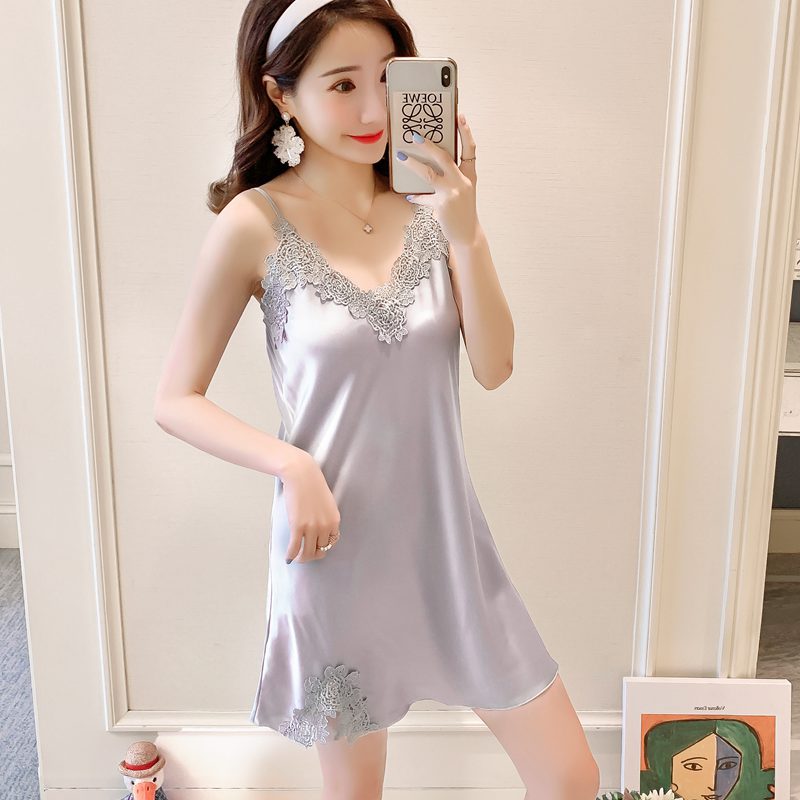 Summer Thin Pajamas Women's Sexy Sling Nightgown Satin Lace Beautiful Back High-end Hot Private Home Clothes