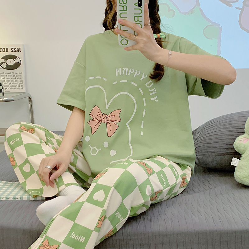 2023 New Women's Short-sleeved Trousers Pajamas Women's Large Size Summer Cotton Thin Home Suit