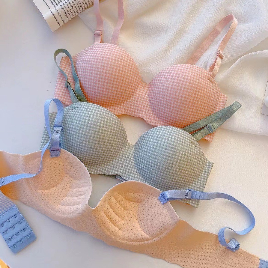 Picture of Half cup Plaid girl underwear one piece Palm Cup seamless small chest gathered wireless bra student bra
