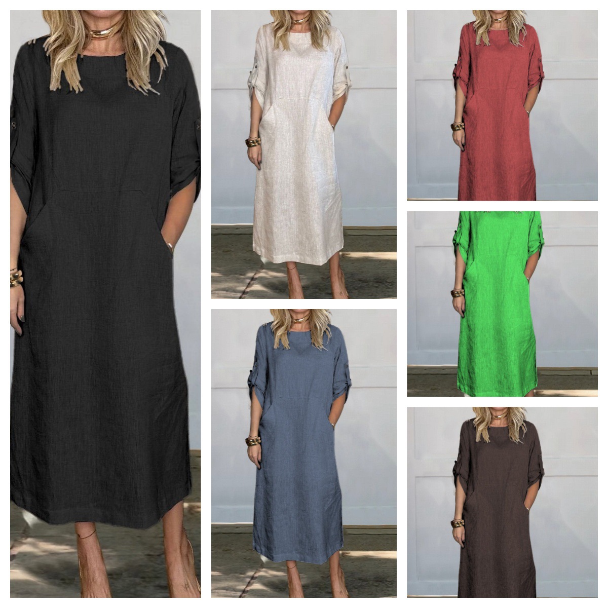 Spring and Summer Women's Clothing Independent Brand Cotton and Linen Solid Color Casual Round Neck Long Dress with Side Pockets Breathable European and American Style