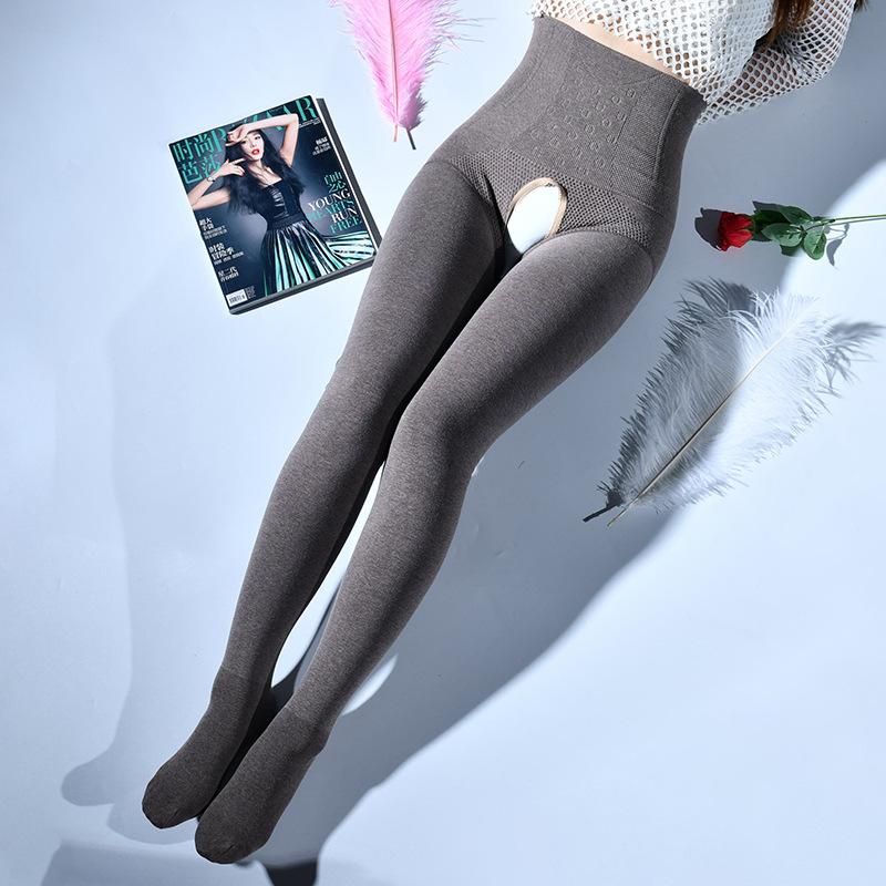 Picture of Qing He Autumn and Winter Cotton Leggings Women's Sexy Open Crotch Pantyhose Fish Bone Waist High Waist Thickened Warm