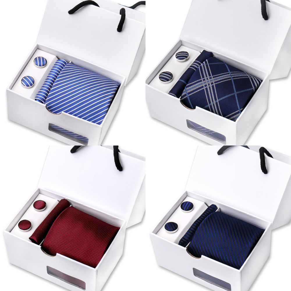 Men's Senior Business Tie Square Square Gift Box 3 Pieces suit Wedding Dress Black Red Stripe Polyester Tie