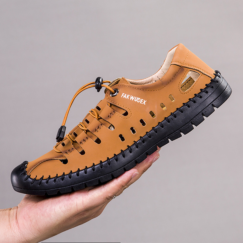 2024 Summer New Men's Shoes Hollow Leather Casual Shoes Men's Breathable Sandals Low Lazy Beach Shoes