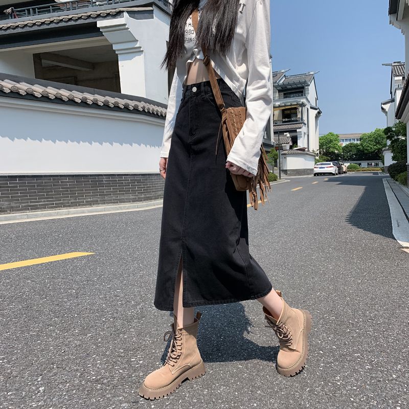 Black Split Denim Skirt Women's Spring and Autumn 2024 New High Waist Loose Hip Covering Mid-length A- line Hip Skirt