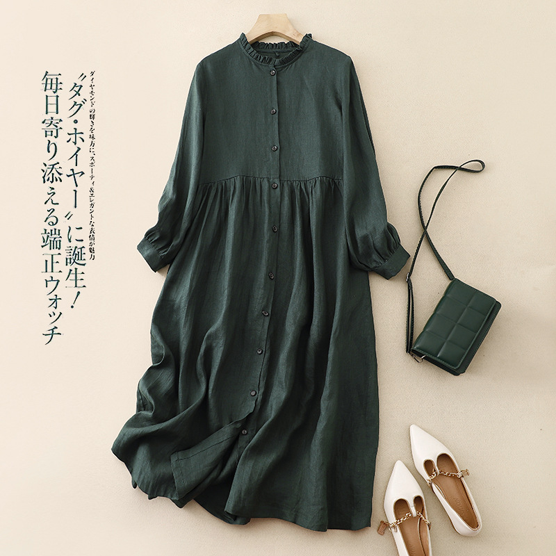 2025 New Style Washed Cotton and Linen Literary Loose Long-Sleeved Mid-Length Outwear Robe Cardigan Fungus Collar Dress