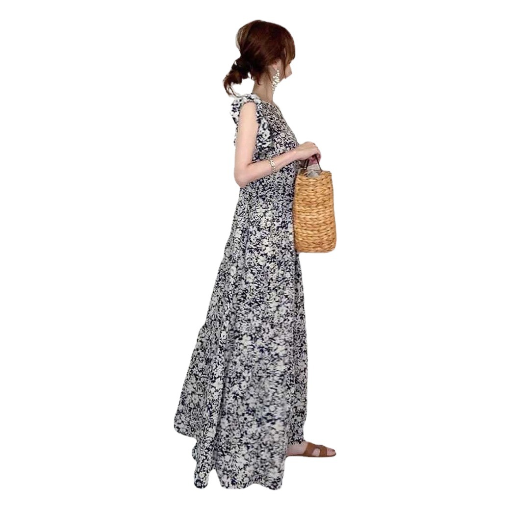 Small Floral Dress Women's 2023 Summer New Round Neck Lotus Leaf A- line Dress Slim-fit Slimming Student Midi Dress