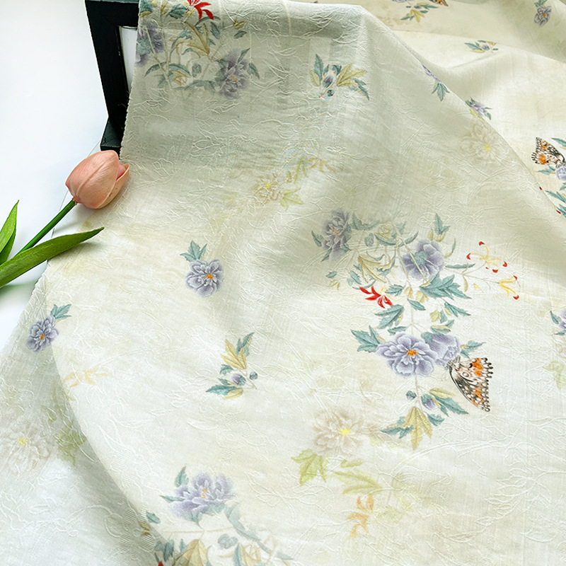 New Chinese-Style Tencel Jacquard Fabric with Peony Butterfly Design for Traditional Chinese Hanfu and Cheongsam Dresses, 1.5m Width