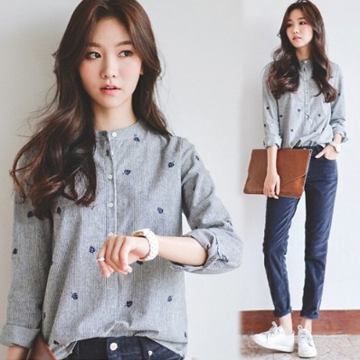 Korean Style Fresh Style Striped Collar Shirt Large Size Women's Leaf Embroidered Slimming Long-Sleeved Base Shirt