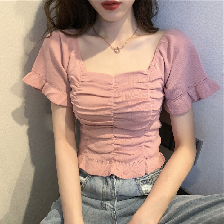 Picture of Summer 2020 New Arrival Retro French Style Short Top Shirt Shows Clavicle Caught Machine Slim-fit Slimming Short-sleeved Sweater for Women