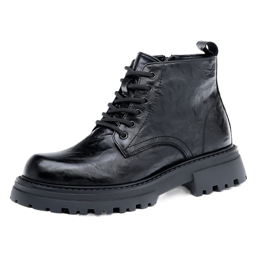 Boots Men's 2025 Winter New Style Cotton Leather Boots British Style Mid-Top Thick Sole Inner Heightening Motorcycle Black Short Boots