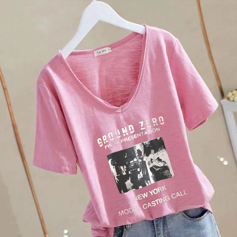 Pure Cotton V Neck Short-Sleeved Women's T-Shirt with Letter Square Print T-Shirt 2024 Summer Loose Slimming Look Bottoming Shirt, Breathable and Comfortable