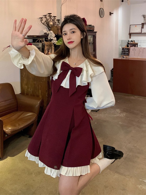 2024 spring new sweet style bow long sleeve dress high-end temperament age-reducing lolita skirt suit
