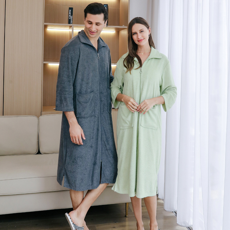 Picture of Amazon New Towel Material Bath Dress Naked Wear Men's Nightgown Mid-length Spring and Summer Pajamas Women's Loose Plus Size Bathrobe