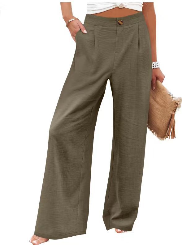 Picture of 2025 Cross-Border Amazon European and American Summer Plaid High Waist Trousers Button Elastic Waist Wide Leg Pants Women's Casual Straight-Leg Pants