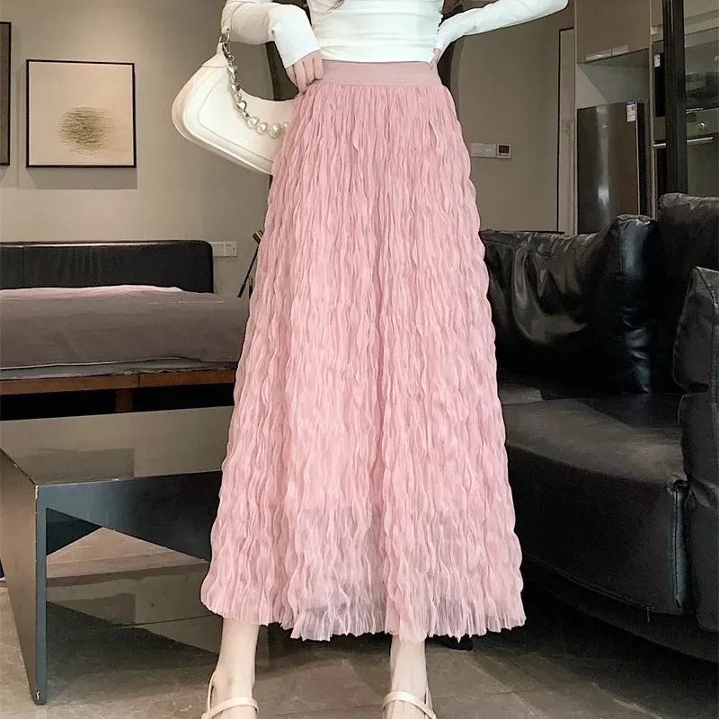 French Style Mesh Skirt Women's Summer Sweet and Gentle Apricot Mid-Length Skirt Design Pleated High Waist A- Line Skirt