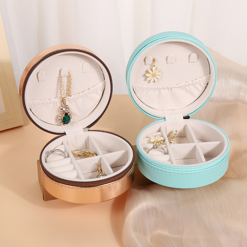 Picture of PU leather round jewelry box portable earrings earrings necklace ring compartment storage box travel jewelry box
