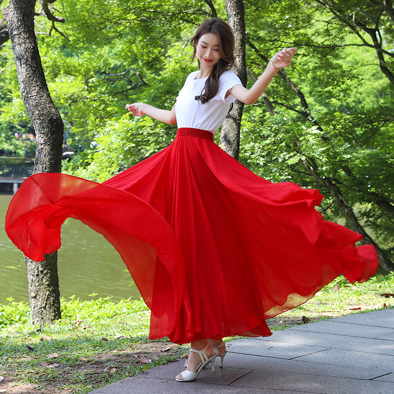 720 Degree Double Layer Large Hem Red Chiffon Skirt Dance Skirt Dance Long Skirt Square Dance Skirt Performance