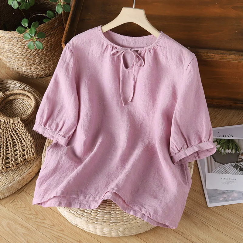 Summer Foreign Trade Collar Lace-up Four-color Cotton and Linen Round Neck Shirt Women's Loose Mid-sleeve Casual Artistic Retro Style Shirt