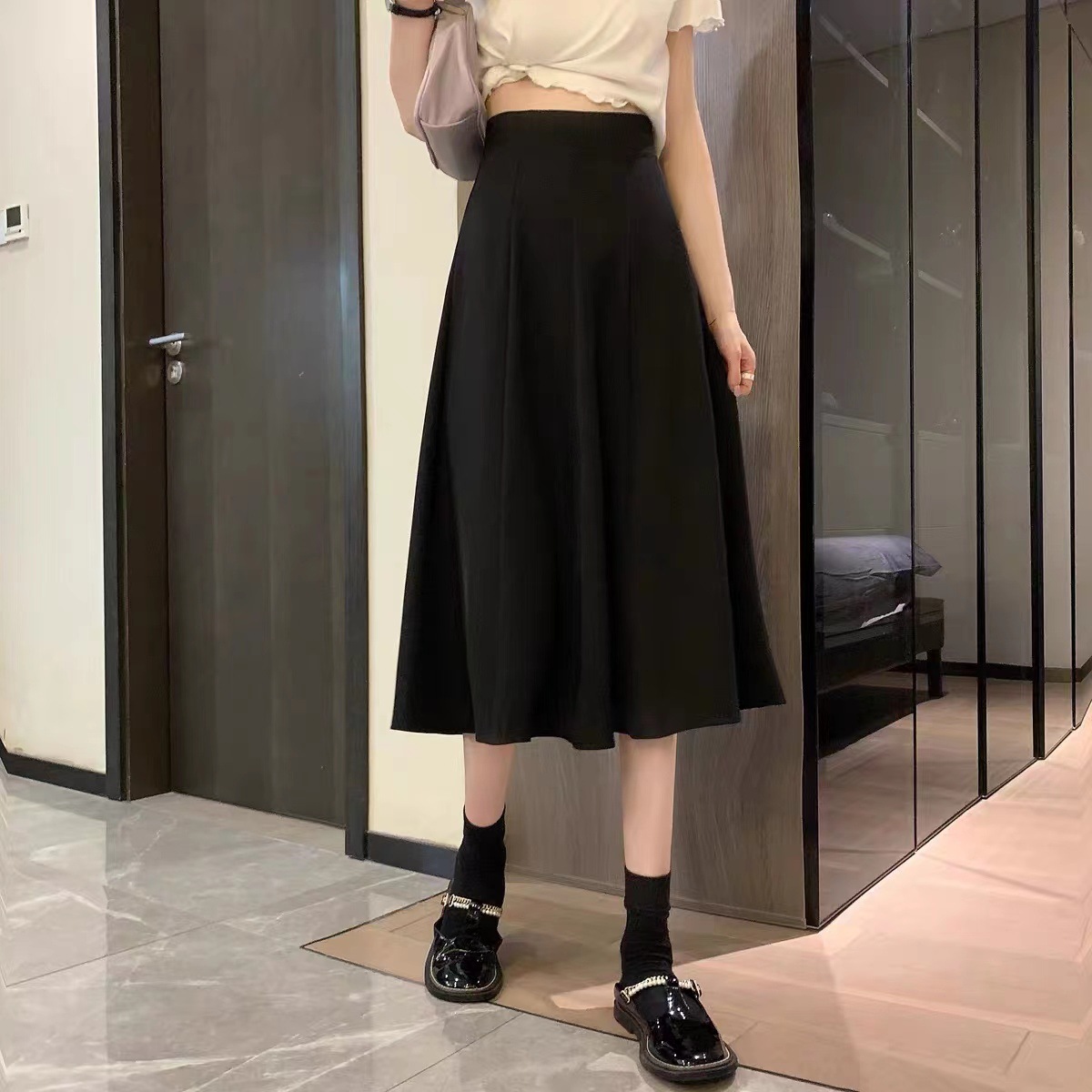 Suitable for women's large-leg thick midi skirt summer 2023 high waist slimming A- line fluffy pleated sheath skirt