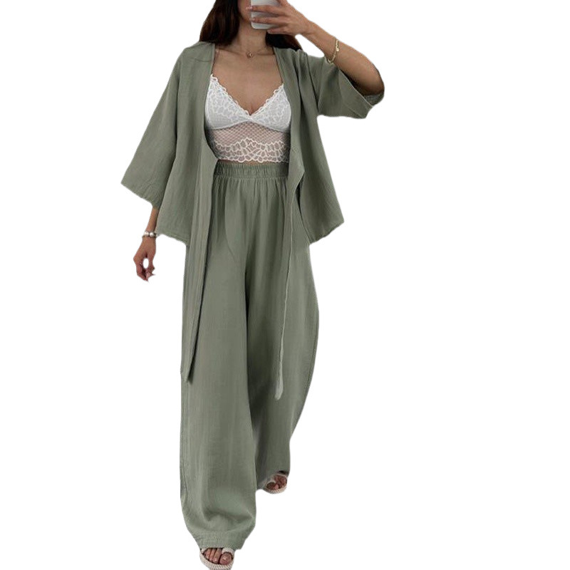 Picture of European and American Cross-Border Export Women's Fashion Casual Loose Suit Plain Lace-Up Three-Quarter Sleeve Cardigan Trousers Two-Piece Set