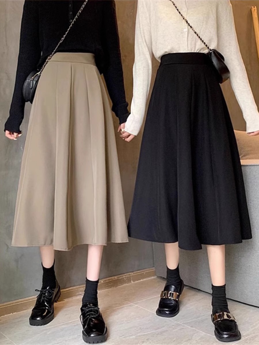 Black High Waist Skirt Women's Spring and Autumn 2024 New Small Slim Large Umbrella Skirt Mid-length A- line Skirt