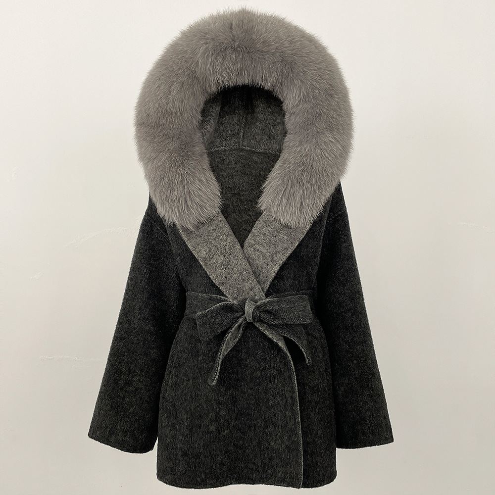 Picture of New Hooded Color-Blocked Fox Fur Collar Autumn and Winter Double-Sided Wool Outwear Women's Cloak Waist Thickeneded Woolen Outwear