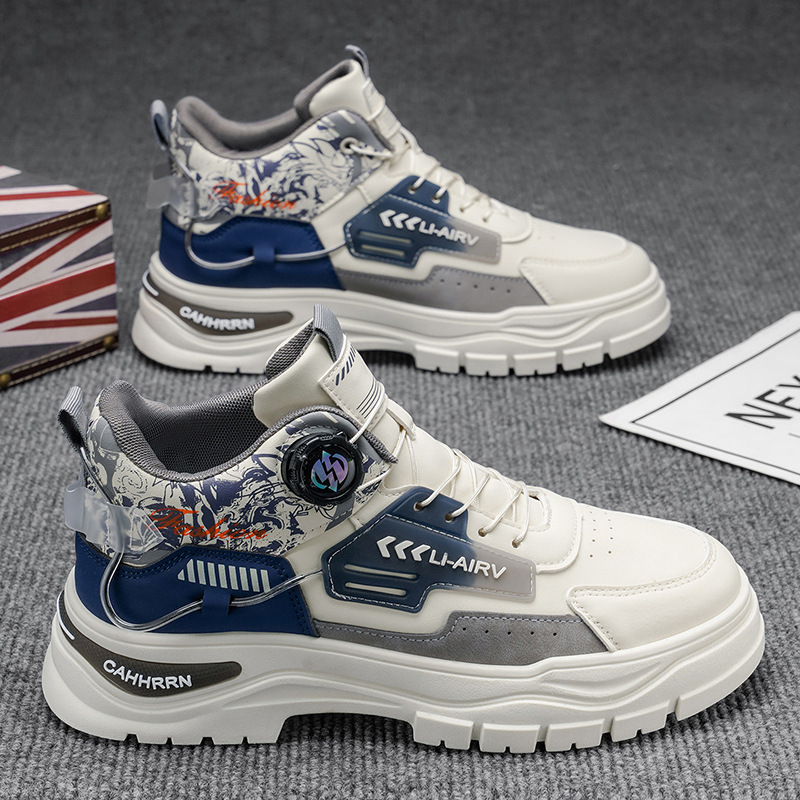 High-top men's shoes, autumn youth sports, waterproof, wear-resistant, non-slip, thick-soled casual workwear, rotating button Martin boots