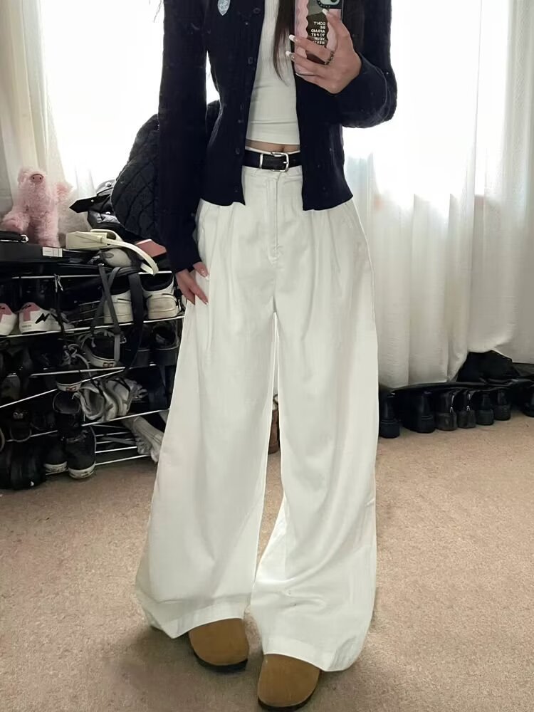 White Pleated Wide-leg Jeans Women's Spring New Arrival plus size Loose High Waist Slim-fit Straight Trendy Drape Pants