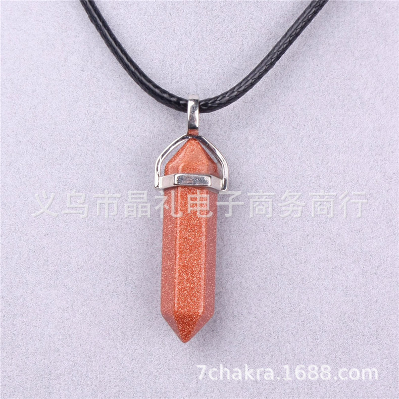 Picture of Natural Stone Hexagonal Pendant European and American Natural Crystal Hexagonal Prism Bullet Hexahedral Black Wax Rope Necklace