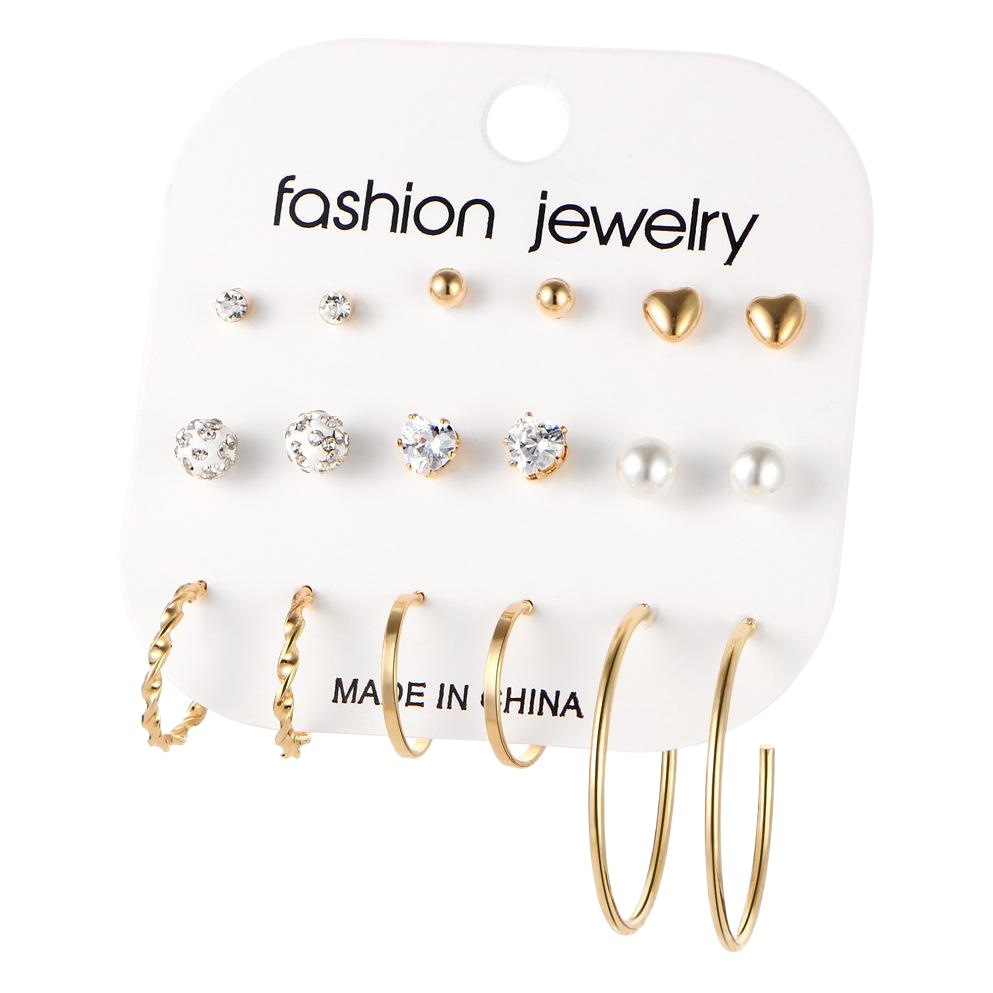 European and American Cross-Border Wish Rock Exaggerated Metal Earrings 9-Piece Set Earring Set Crystal Earring Combination for Women