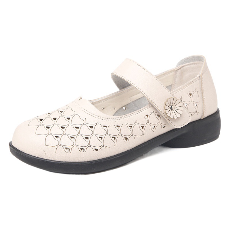 Mom's Shoes, Summer Flats, Comfortable Leather Shoes for Middle-Aged and Elderly Women, Soft-Soled Women's Hollow Sandals, Non-Slip Clogs