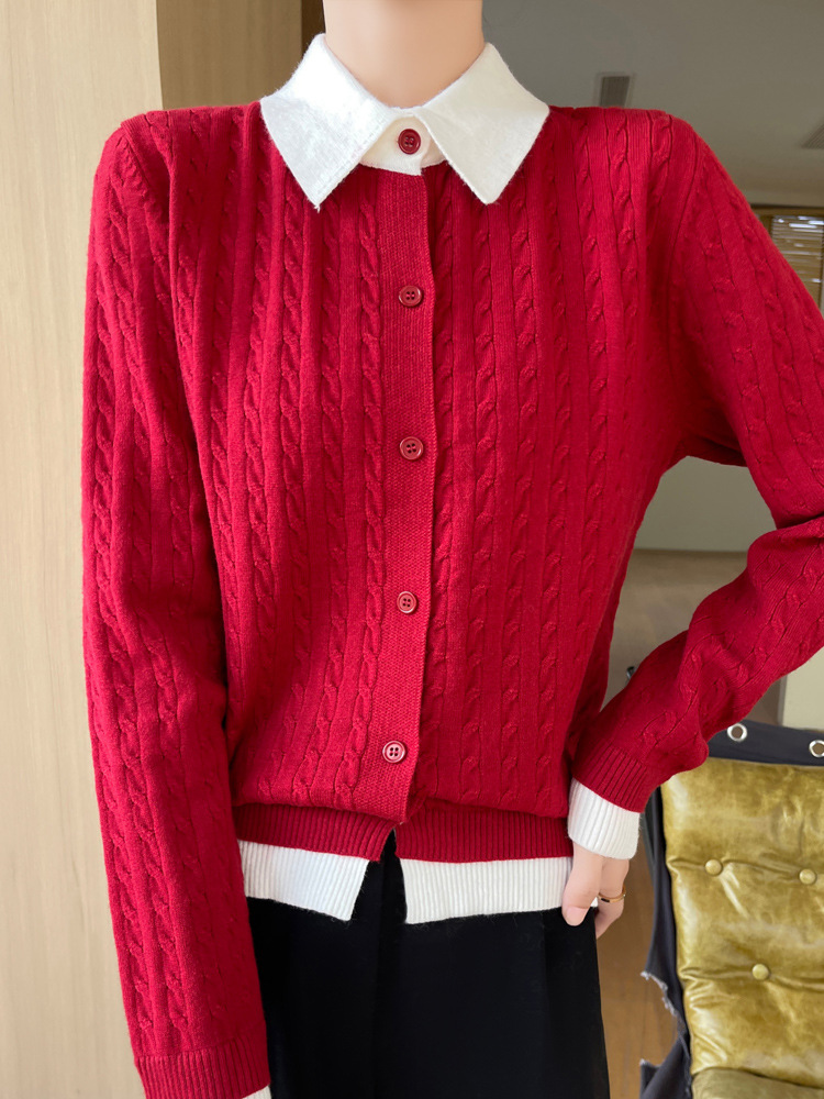 2024 Autumn V-Neck Knitted Cardigan Jacket Spliced Color Loose Elegant All-match Sweater Outer Jacket Design Sense