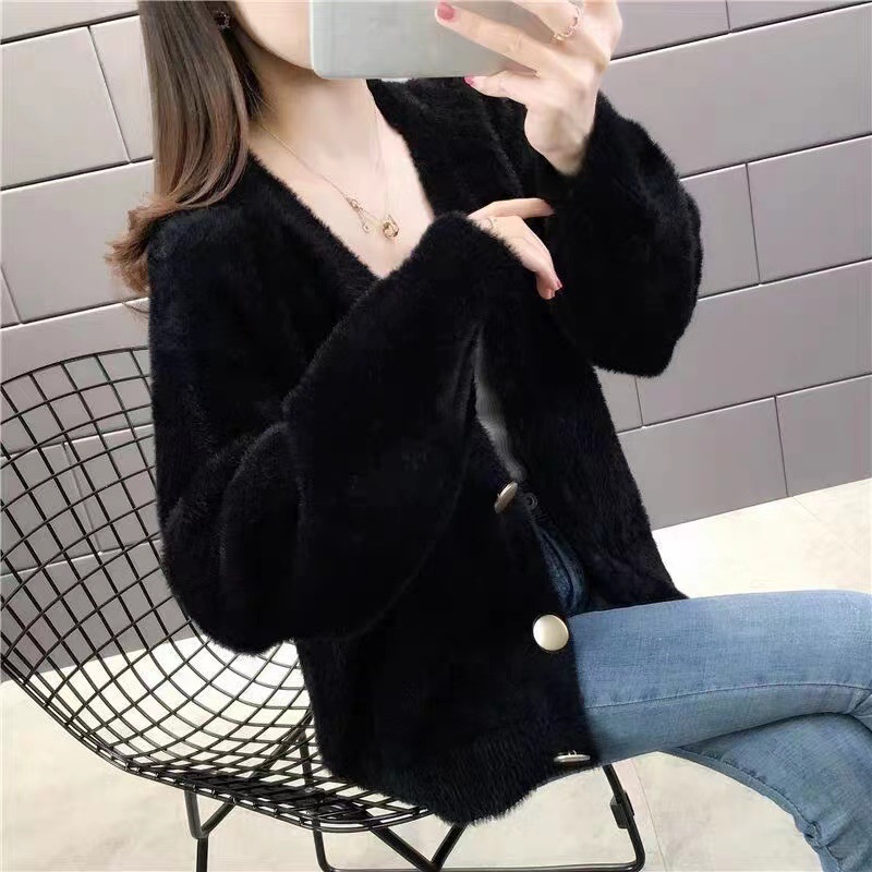 2024 New Autumn and Winter Korean Style Imitation Mink Velvet Knitted Cardigan Outwear Sweater Women's Short Loose Outer Top for Women