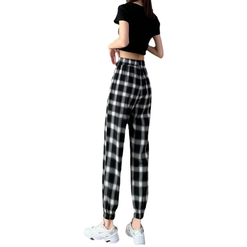 Black plaid sports pants for women spring/summer thin 2024 New loose slimming cropped casual harem pants ins fashion