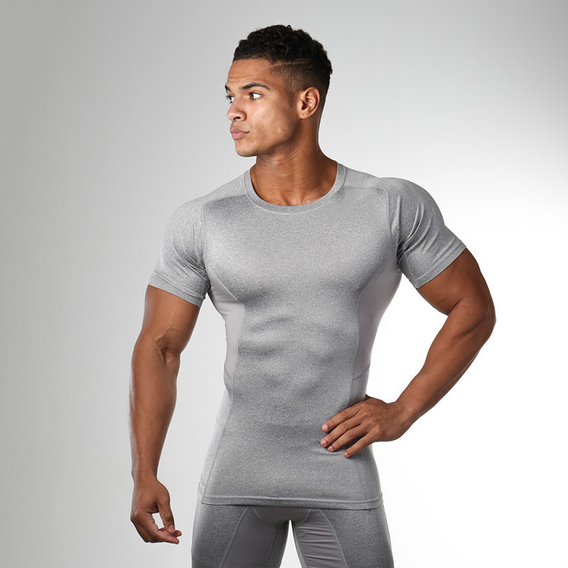 Muscle summer fitness short sleeve men's brother elastic round neck wicking quick-drying casual running sports T-shirt wholesale