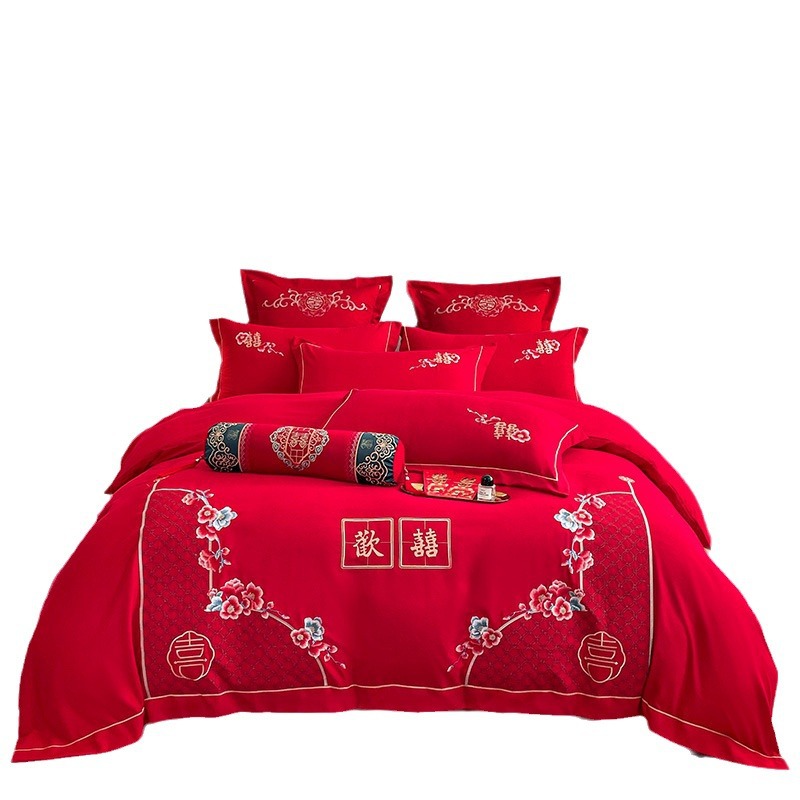 Picture of Comfortable Washed Thickeneded Brushed Wedding Embroider Four-Piece Set Red Wedding Quilt Cover Four-Piece Fitted Sheet Set
