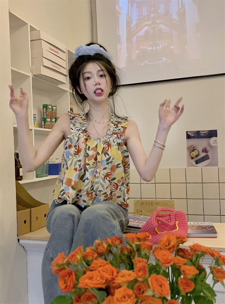 Chic New Style Fresh Printed Sweet Age-reducing Vest Summer Sweet and Hot All-match Top Outer Wear Small Short Vest