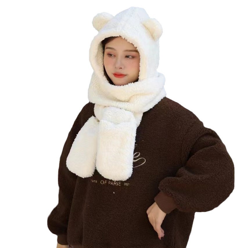 Picture of Winter Warm and Thickeneded Cotton Plush Rabbit Ears Animal Hat Gloves Scarf Bear Three-Piece Hat Factory Ear Protection