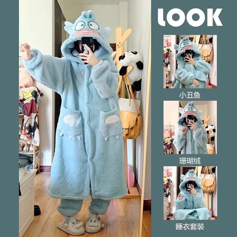 Clownfish pajamas women's autumn and winter thickened coral fleece nightgown cartoon cute girl flannel homewear suit