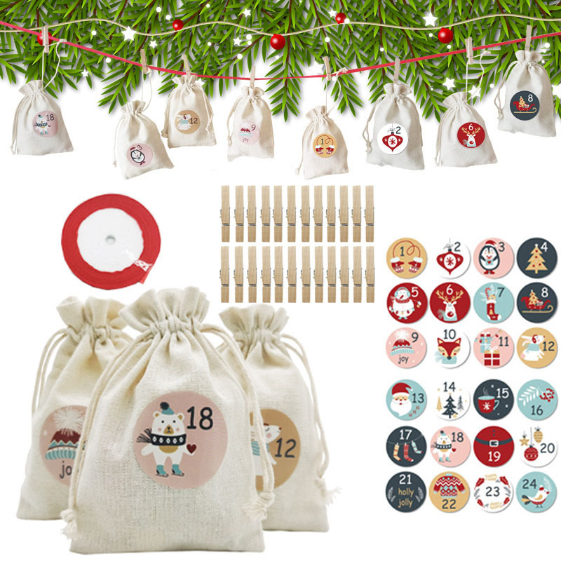 New Christmas Advent Calendar Bag Cotton Cloth Bundle Pocket Christmas Gift Storage Bag Christmas Calendar Hanging Bag